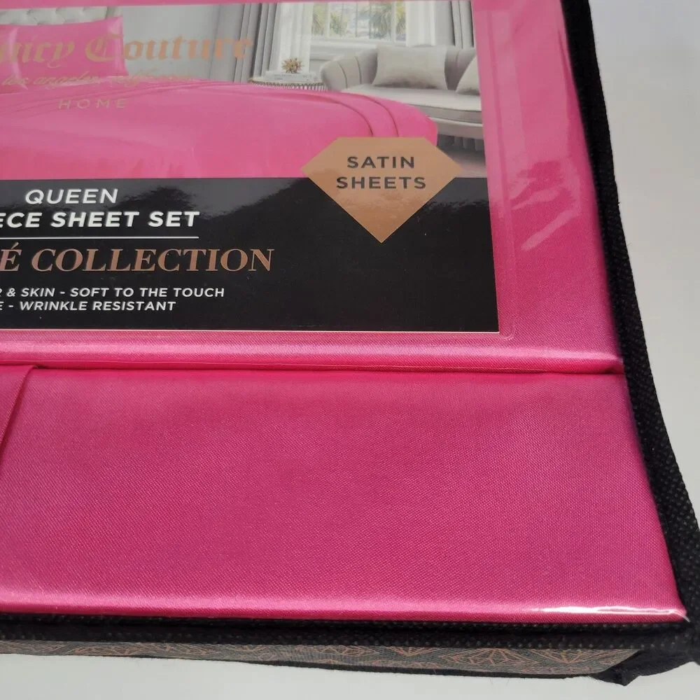 Juicy Couture Hot Pink Satin 4pc QUEEN Sheets Set Easy Care Sleek Smooth Fuchsia